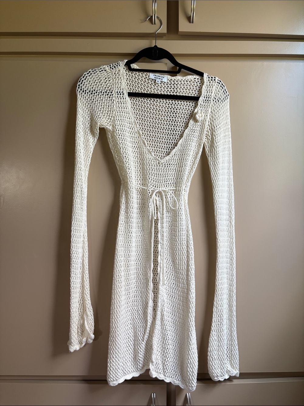 Frankie's Bikinis Cream Open-Knit Tie-Waist Long Sleeve Dress